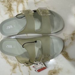 Zara Rubberized Two-Strap Slide Sandals - Pale Green/Sage