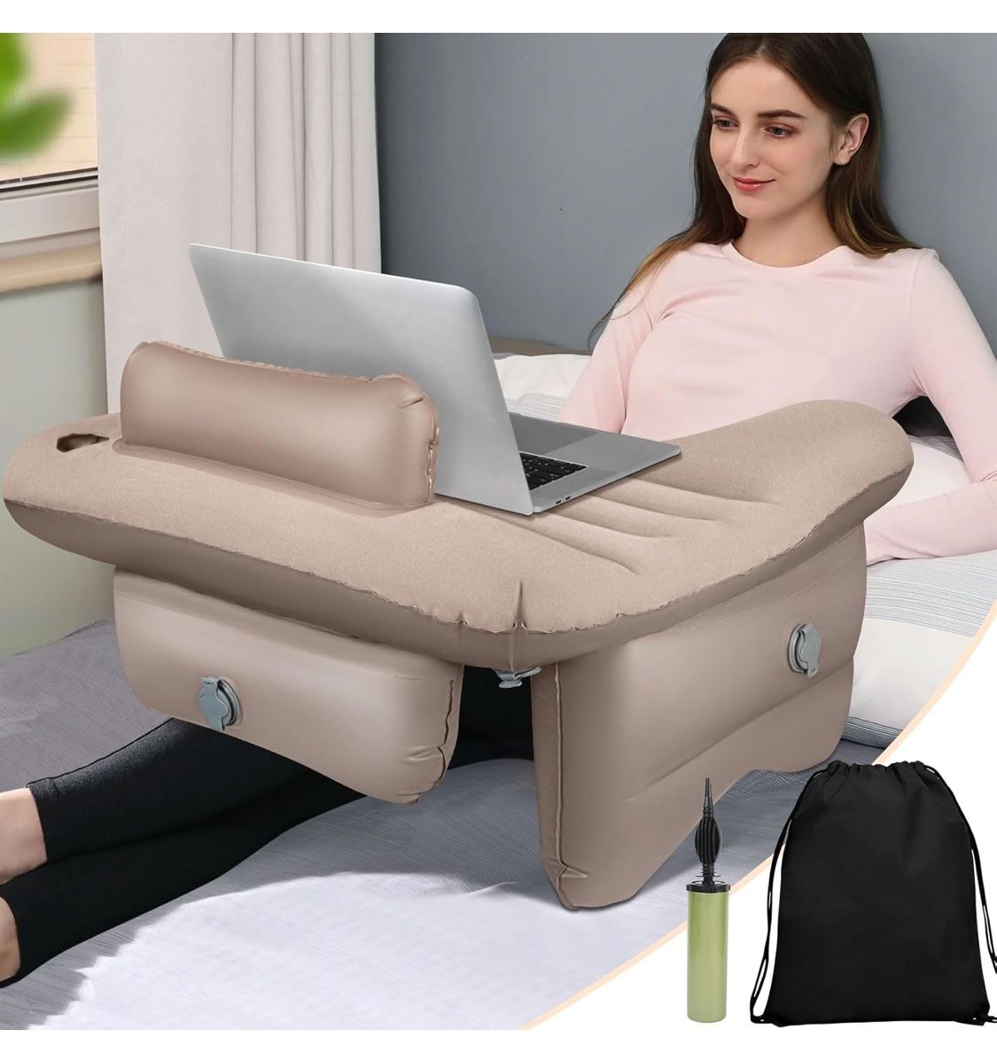 Inflatable Reading Pillow for Lap, Gaming Pillow for Bed with Cup Holder, Foldable Lap Desk Pillow for Reading, Portable Laptop Pillow for Adults, Sof