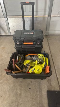 Box of tools with 2 Rigid roll away tool boxes.