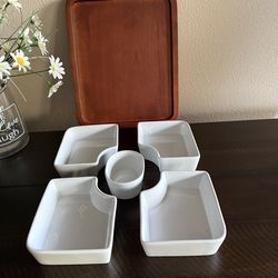 6piece Appetizer serveware w/wood tray 12"x9.5" in excellent new condition