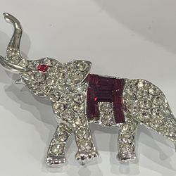 Elephant Brooch With Clear And Red Crystals