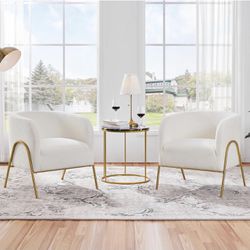 Accent Chair Set of 2, Armchair Set, Side Chairs for Living Room, Boucle Fabric Vanity Chairs with Gold Legs for Bedroom Office Readig Nook, Ivory 592