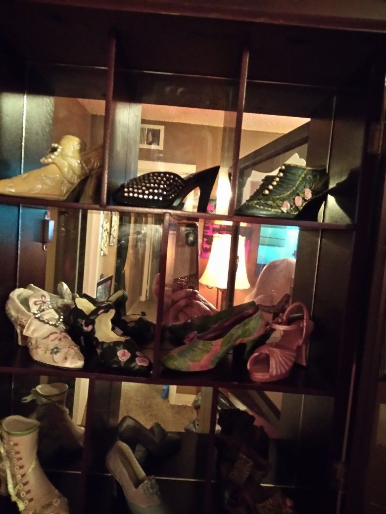 Miniature Shoes In Wood Glass Case
