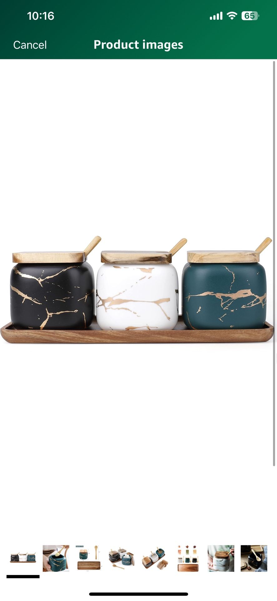 3 Pack Ceramic Salt and Sugar Container, Condiment Jars with Lids and Spoons, Marble Seasoning Spice Pots Bowl, Pepper Sellar with Wooden Tray for Se