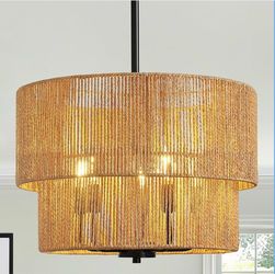 New 18”Rattan Chandelier Light Fixture Boho Large Pendant 5-Lights with Wicker Handmade, Dimmable