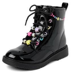Girls Black Patent Combat Boots with Beaded Laces