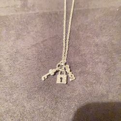 I Am Brand Sterling Silver Cubic Zirconia- Lock,Key,Love 3 Pc Pendant Adjustable Necklace 