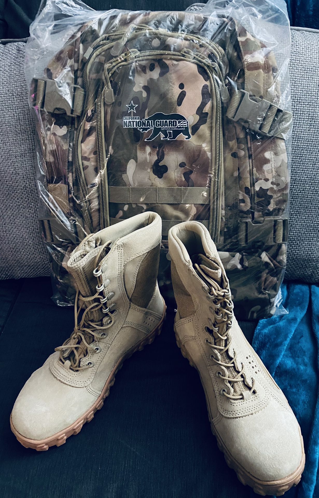 ARMY certified rocky combat boots size 9.5 and ARMY CalGuard backpack