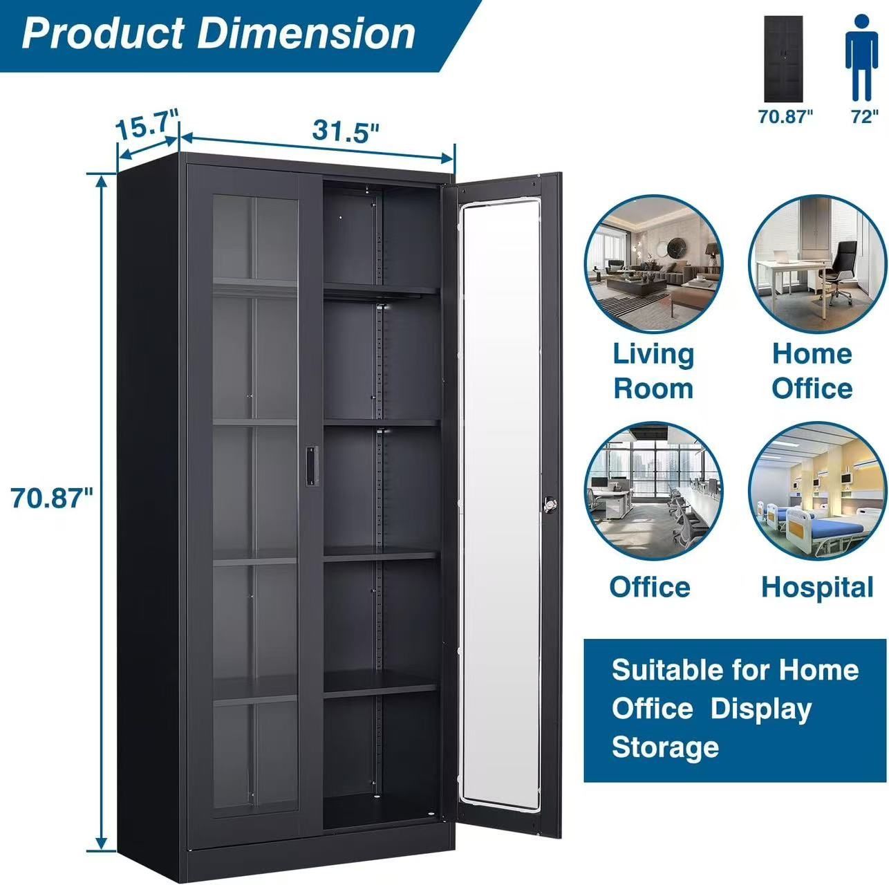 🥨Metal Storage Cabinet-71” Tall Steel File Cabinets with Lockable Doors and Adjustable Shelves-Black Steel Storage Cabinet for Home,Kitchen, School,