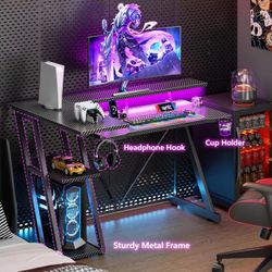 40" L-Shaped Computer Gaming Desk with Power Outlets & LED Lights