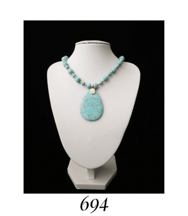 16.5" to 19" adj. Solid Sterling Silver Bead & Turquoise Bead Chain Necklace w Large Turquoise Pendant, signed