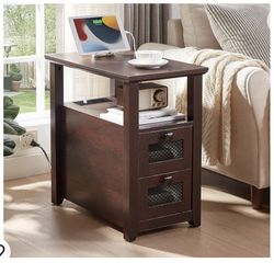 Farmhouse XXL End Table with Charging Station, Narrow Side Table with USB Ports and Outlets, Nightstand with 2 Drawers Storage, Bedside Tables for Liv