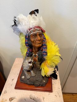 Native American Chief & Wolf Sculpture with Real Feathers – 12”
