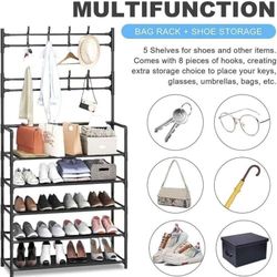 Entryway Coat Rack & Shoe Storage Shelf - Freestanding Hall Tree with Garment Hanger"Black