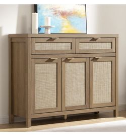 Rattan Sideboard Buffet Cabinet with Storage, Boho Credenza Accent Storage Cabinet with 3 Doors and 2 Drawers, Farmhouse Console Coffee Bar for Kitche
