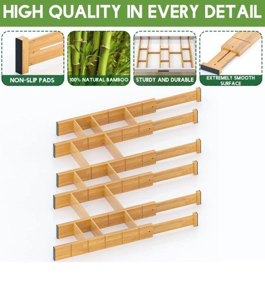 Bamboo Drawer Dividers with 12 Inserts,16.3-22inches,Expandable Kitchen Drawer Organizer,Adjustable Drawer Separators for Bedroom Bathroom Dresser 6 P