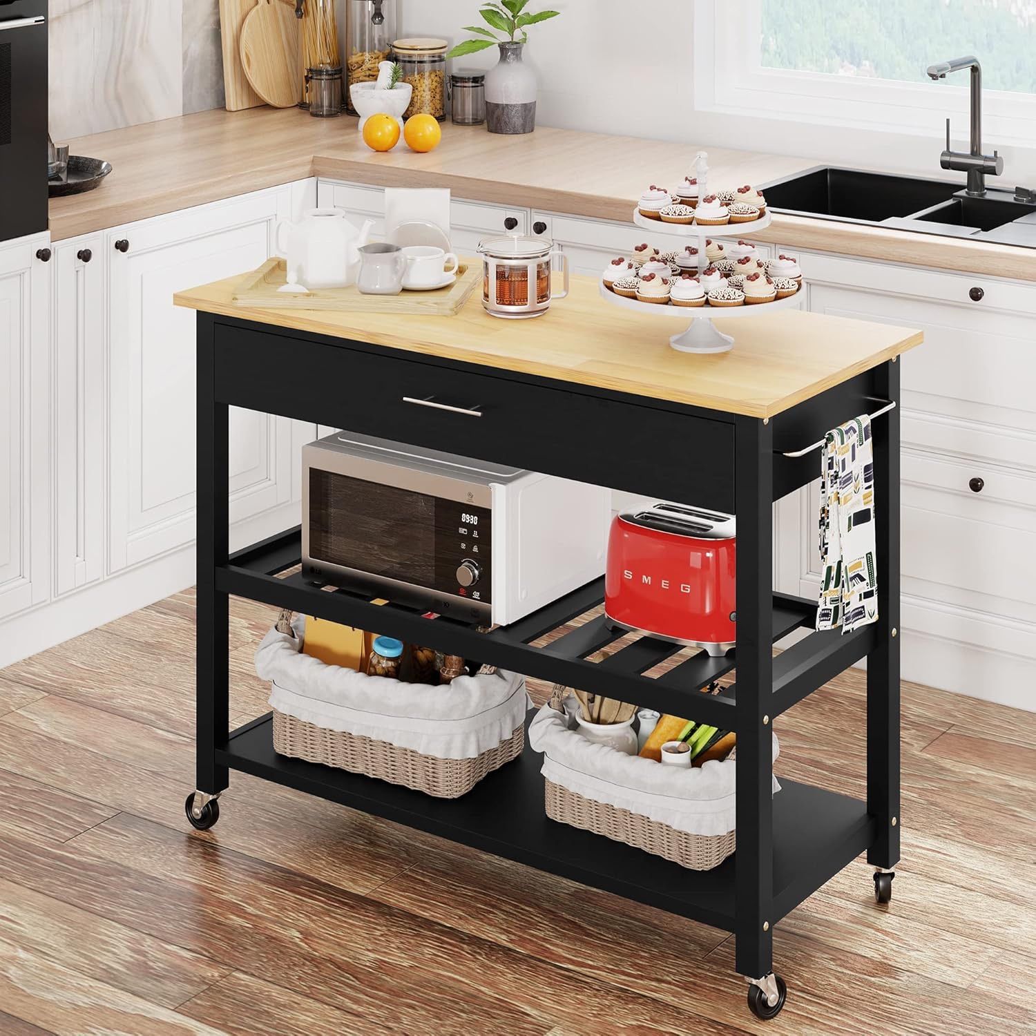 New 40 Inch Rubber Wood Top Kitchen Island on Wheels with Storage Cabinet, Kitchen Cabinet with Shelves, Cart Handle for Towel Rack or Free Mobility,