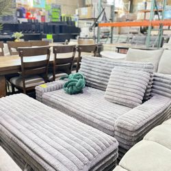 Grey Plush Oversized Chair With Ottoman 