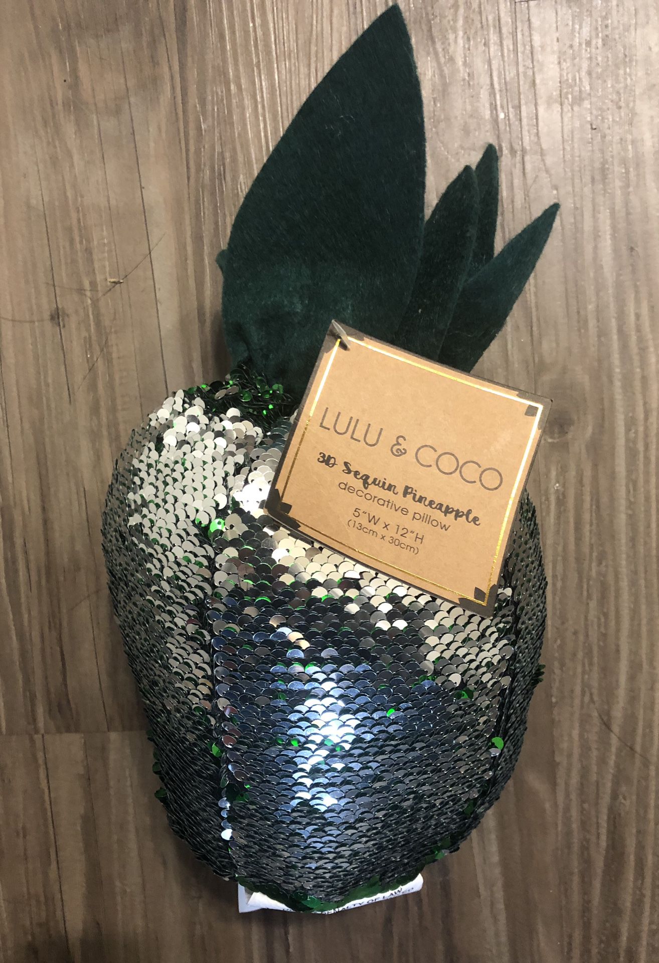 Sequin pineapple decorative pillow silver/ green size 5” W x 12” H