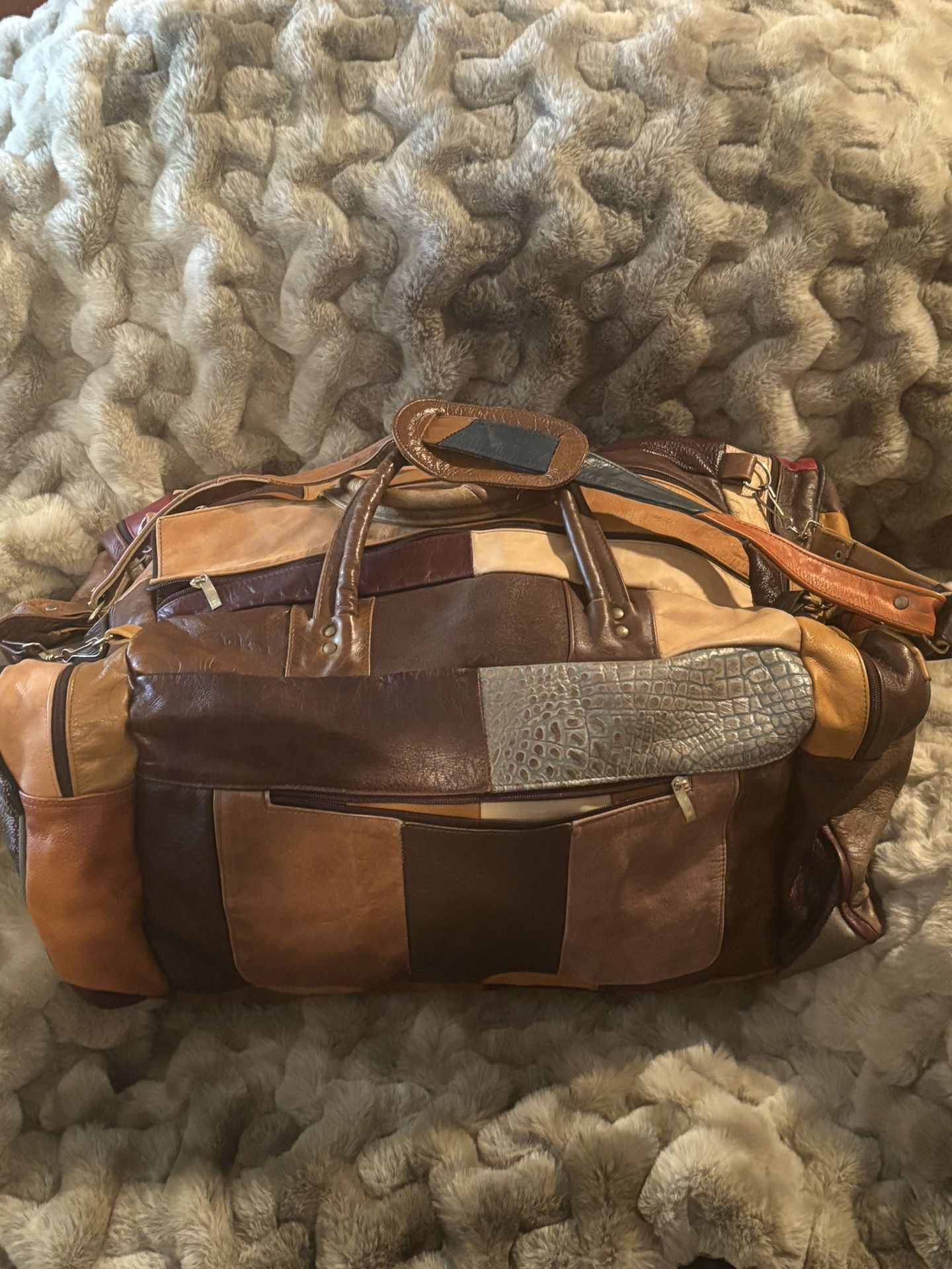 Handmade patchwork, genuine, leather duffel bag, one of a kind from Mexico