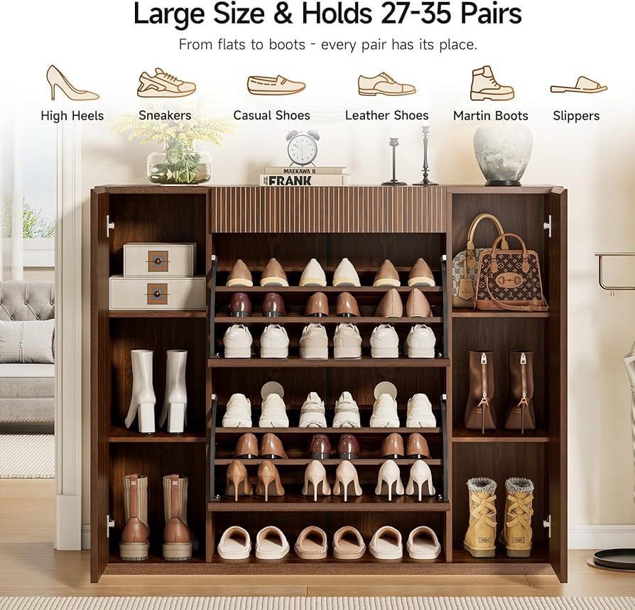 B980 $120 Large Shoe Cabinet with 2 Flip Drawers (3-Tier Each), 27-35 Pairs Shoe Organizer with Storage Drawer, 2 Doors & Open Shelf, 47.2'' Wide Sho