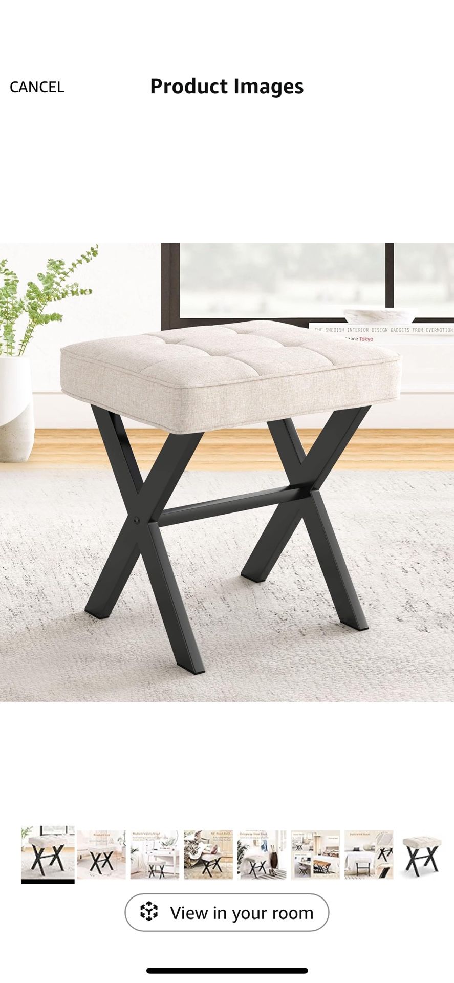 LUE BONA Ottoman Foot Stool Vanity Stool, Square Linen X-Leg Foot Rest Ottoman Makeup Stool, Small Stool Chair for Vanity, Modern Padded Vanity Seat