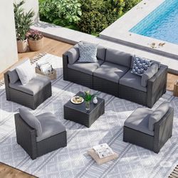 7 Piece Patio Furniture Set Wicker Rattan Patio Sectional Sofa Set Outdoor Seating Furniture with Thickened Cushion, Grey
