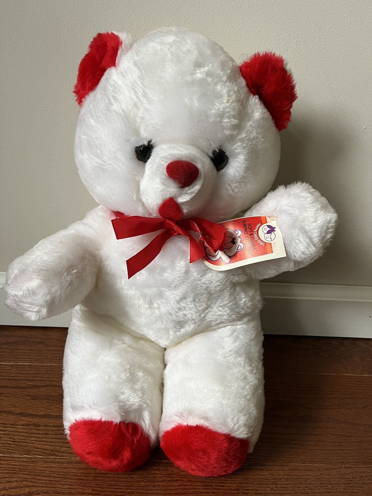 Happy Child Toys, White Teddy Bear With Red Accents And Red Bow 19”