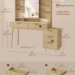 Fluted Vanity Desk with Sliding Mirror and Lights, 5 Drawers