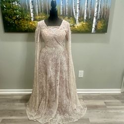  blush pink  Beads sequin evening dress with long sheer sleeves. Features a flattering fitted waist and flowing A-line skirt for graceful movement. S