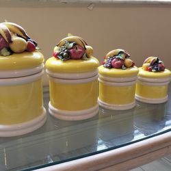 Vintage Complete Set of 4 Seymour Mann Hand Painted Ceramic Canister Set, Harvest Collection, 44 of 589.  