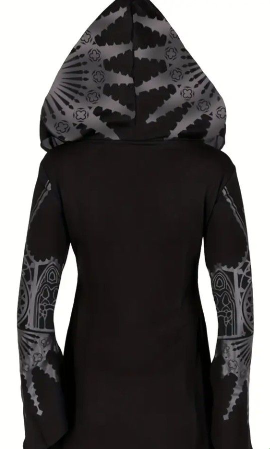 [Geometric Hoodie] Longline Hooded Sweatshirt | Black Geometric Print, Asymmetrical Hem, Mid-Stretch, Front Pockets, Machine Washable