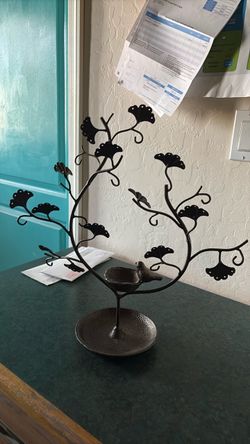 Metal Bird and Floral Jewelry Tree Stand