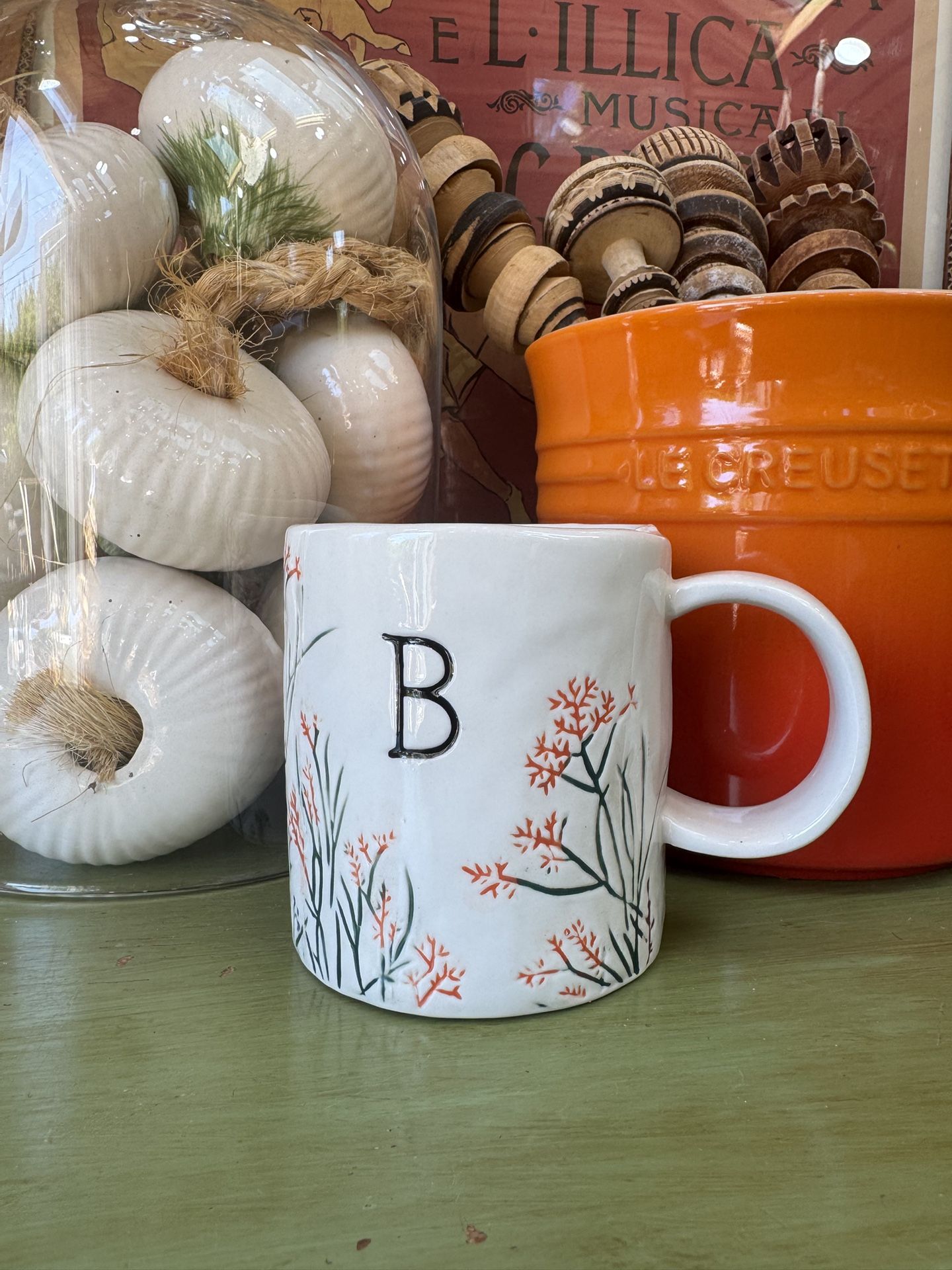 New Anthropologie Dagny Floral Mug Cup Monogram B Floral Hand Painted Ceramic White Sold Out Cottage