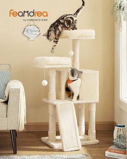 Cat Tree, 45.3-Inch Cat Tower, Plush Condo Scratching Post, Beige 45.3-Inch Cat Tower, Plush Condo with Scratching Post, Ramp, Perch, Spacious Cave, B