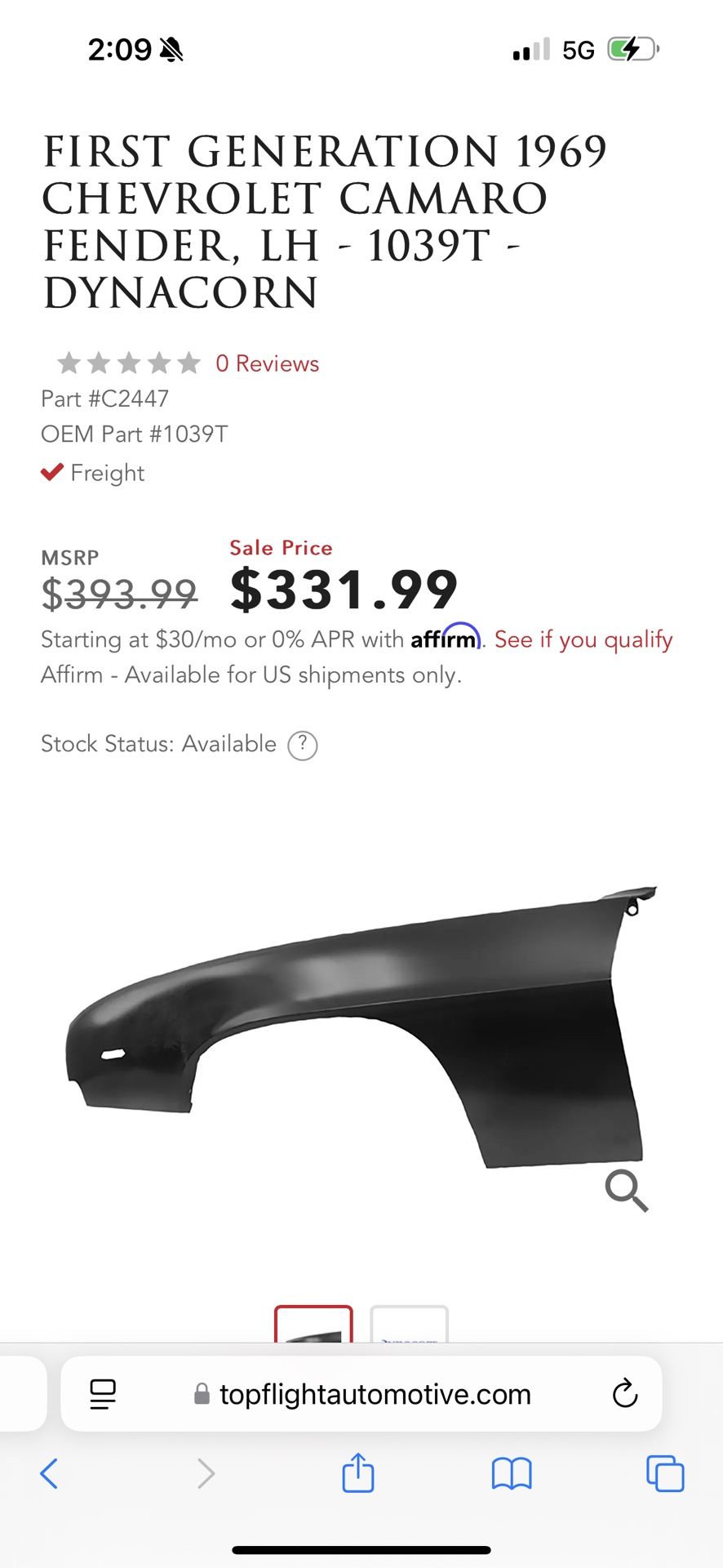 1969 Camaro Front Fender Left Side Brand New. Cheap $250
