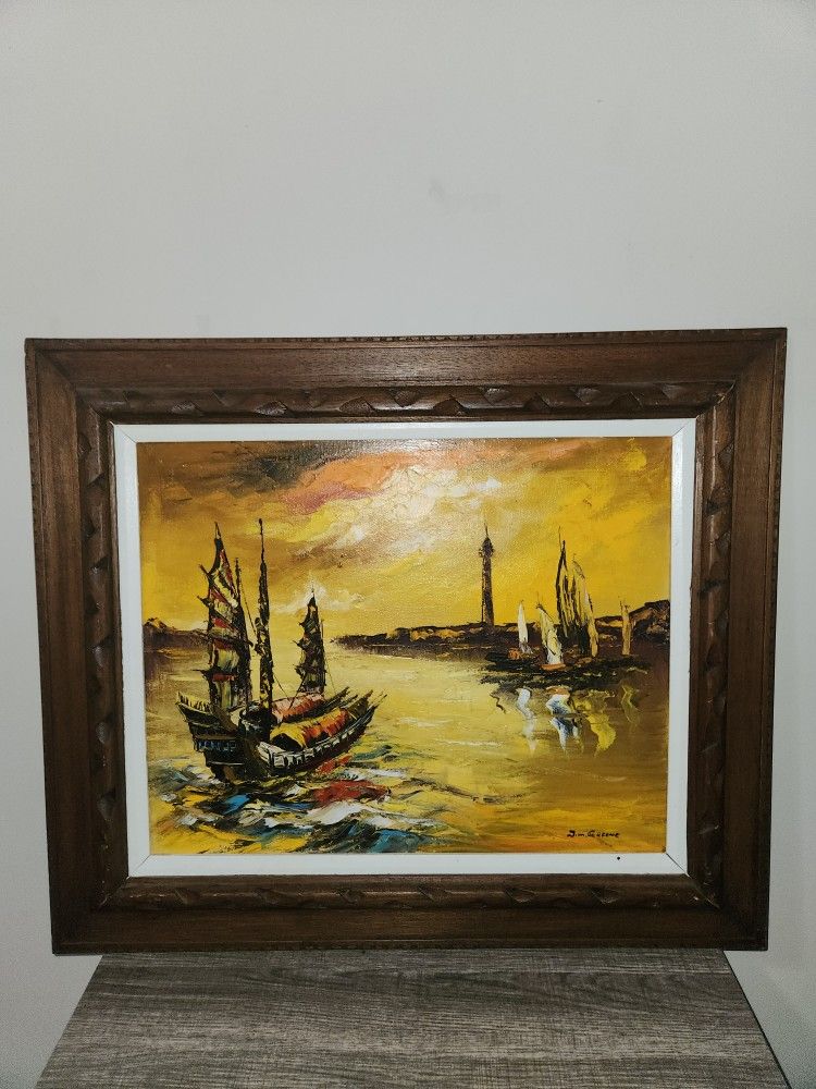 Framed Impression Painting by Jim Greene of Sailboats in the Sunset