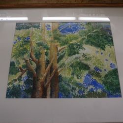 Framed Paint "sunset forest" 21 X 18. GOOD CONDITION.