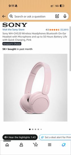 Sony WH-CH520 Wireless Headphones Bluetooth On-Ear Headset with Microphone and up to 50 Hours Battery Life with Quick Charging, Pink