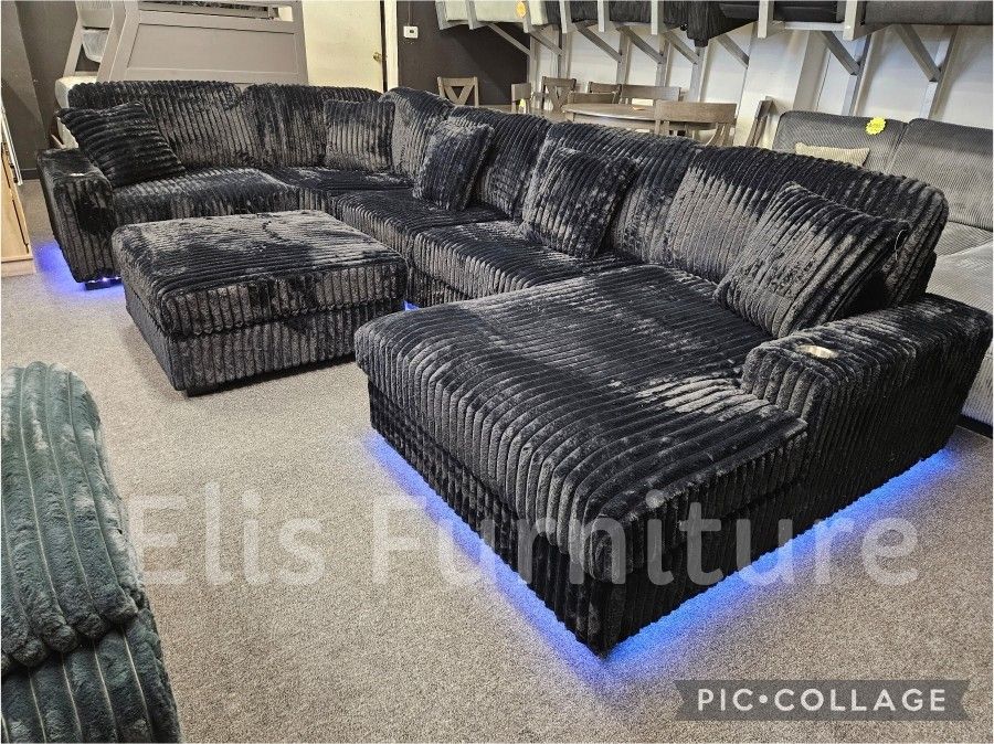 Brand New Sectional 6 Pcs Black Corduroy Fabric W/ LED Light & USB Outlet 2 Cup Holder $1399