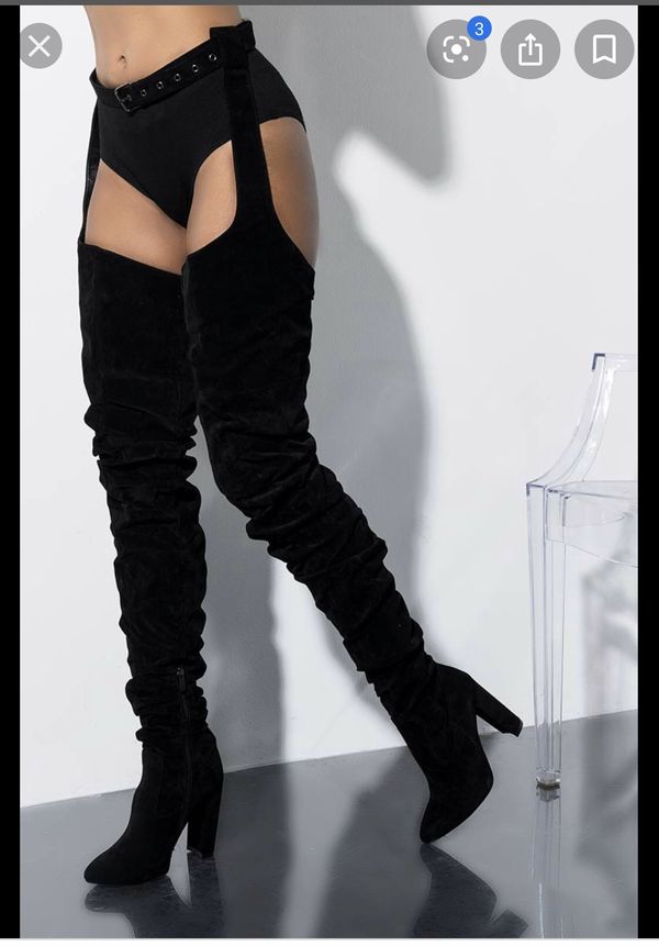 Rihanna belted thigh high on sale boots