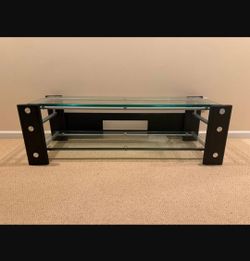 Modern TV Stand / Glass and Black Metal Contemporary Wide not wood or wooden home theater console)