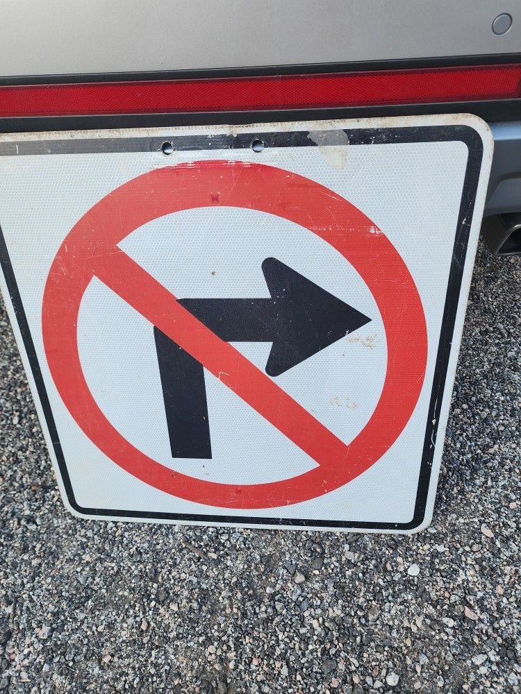 VINTAGE Black & Red Original Retired Road Street Sign ~ No Right Turn 24" X 24"