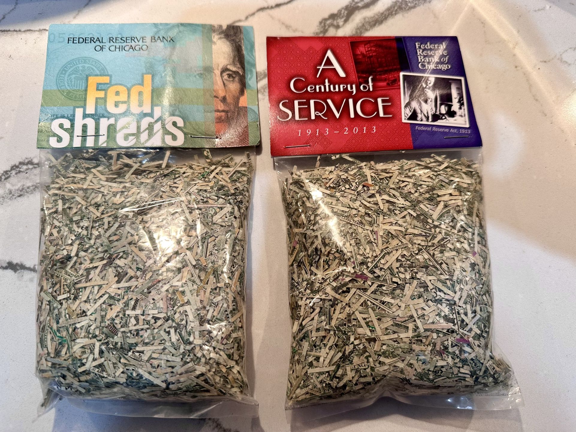 2 NEW Federal Reserve Bank of Chicago Fed Shreds Souvenir Shredded Money Novelty Gift