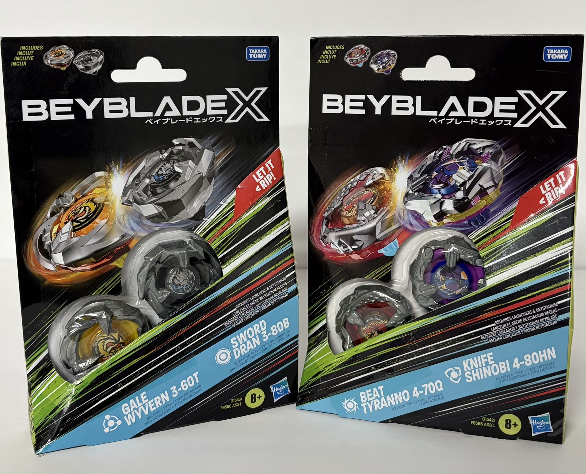 NEW Beyblade X Gale Wyvern 3-60T & Sword Dran 3-80B Beat Tyranno 4-70Q & Knife Shinobi 4-80HN Dual Pack Sets