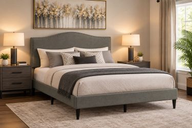 π₯ Brand New Gray Upholstered Nailhead Trim Platform Bed Frame King & Queen Size Headboard β’ Mattress | PAY AFTER DELIVERY π