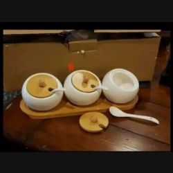 NewSet Of 3 Glass Jars With Bamboo Spoons & Tray, Tea Coffee Sugar, Canisters, Homeware, Gift, Kitchen,