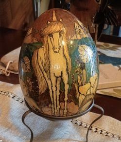 Vintage Sally Jeane Hand Painted Ostrich Egg Art - Signed Landscape Scene with original Stand