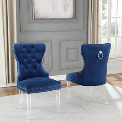 Brand New Glam Velvet Tufted Dining Chairs Set Of 2 With Back Pull Ring In Chrome With Clear Acrylic Legs Very Sturdy Last A Lifetime 