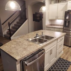 Kitchen Countertops With Backsplash, 50/50 Stainless Steel  Sink And Delta Faucet